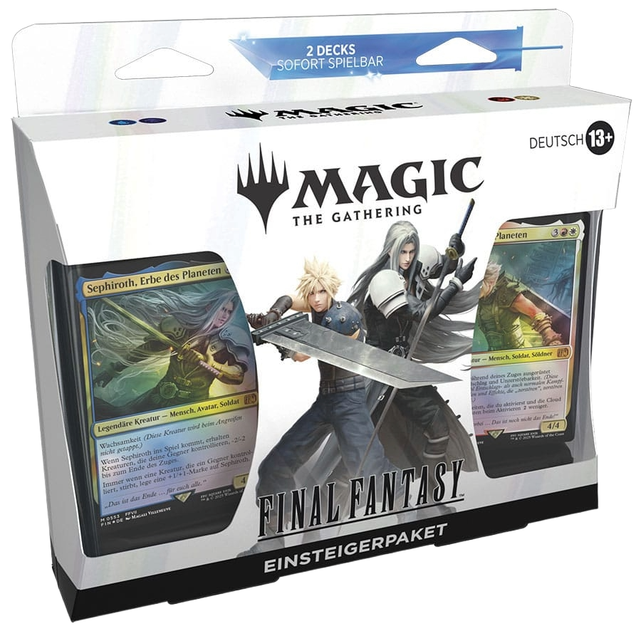 Ein Produktfoto des Magic: The Gathering Final Fantasy Einsteigerpakets in deutscher Sprache. Die Verpackung zeigt Cloud Strife und Sephiroth sowie zwei im Set enthaltene Spielkarten.